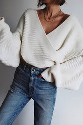 Vanilleeiscreme-Strickpullover mit gerippter Vorderseite und Kreuzmuster